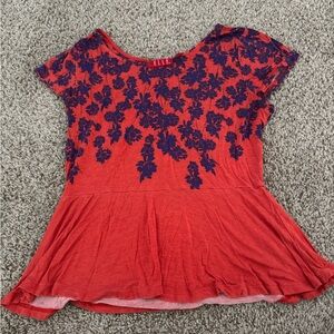 Elle Top Women's XS Red Floral Print Chiffon Sleeve Scoop Neck Blouse